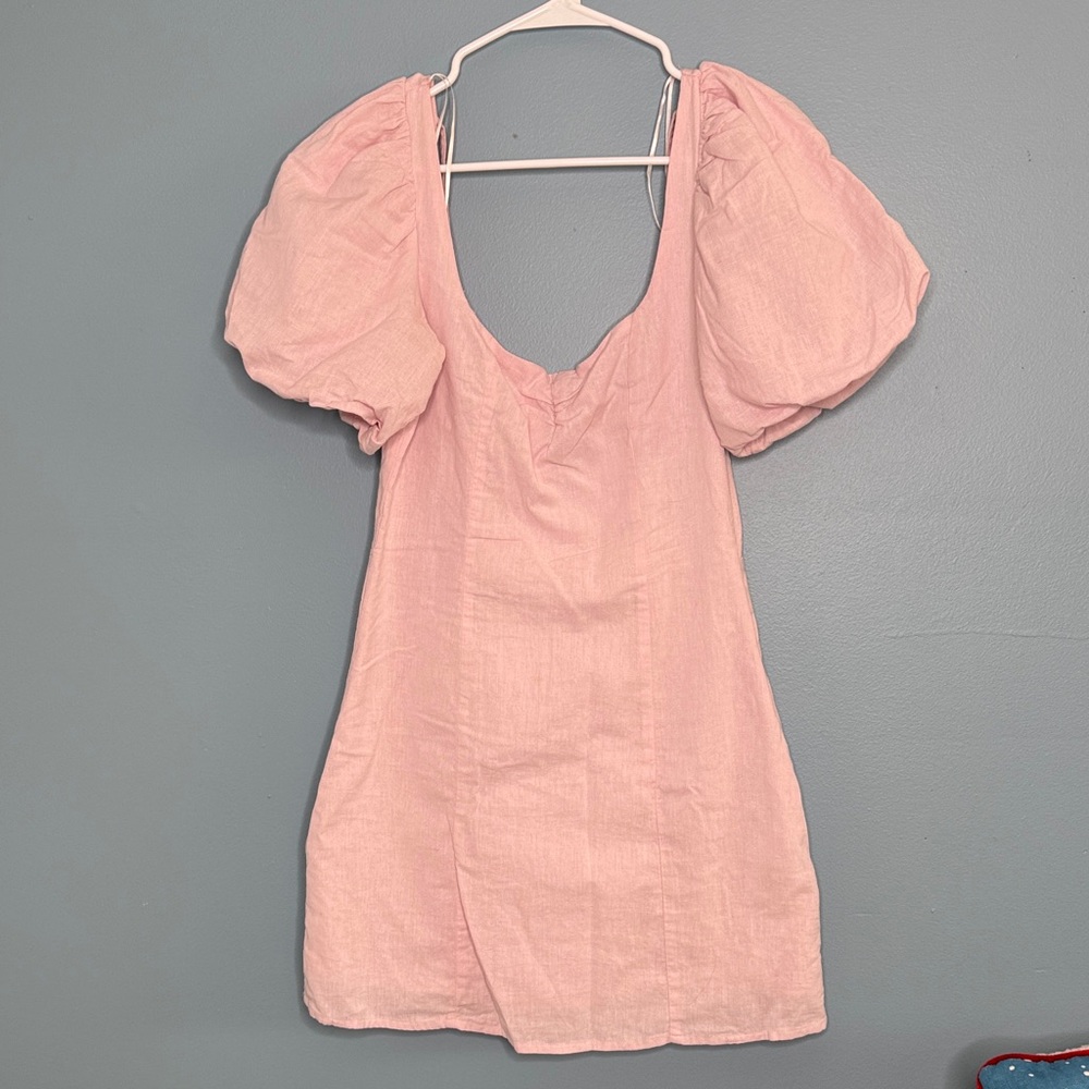 H&M- Women's Pink Puff-Sleeve Linen Dress